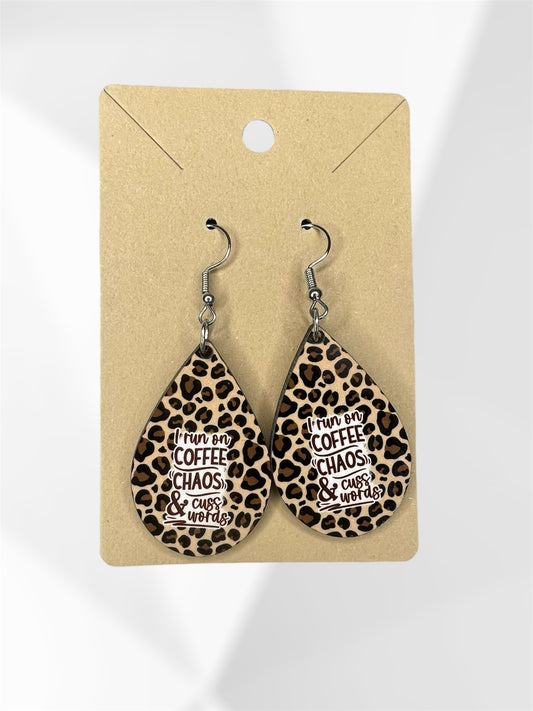 “i run on coffee, chaos, and cuss words” earrings